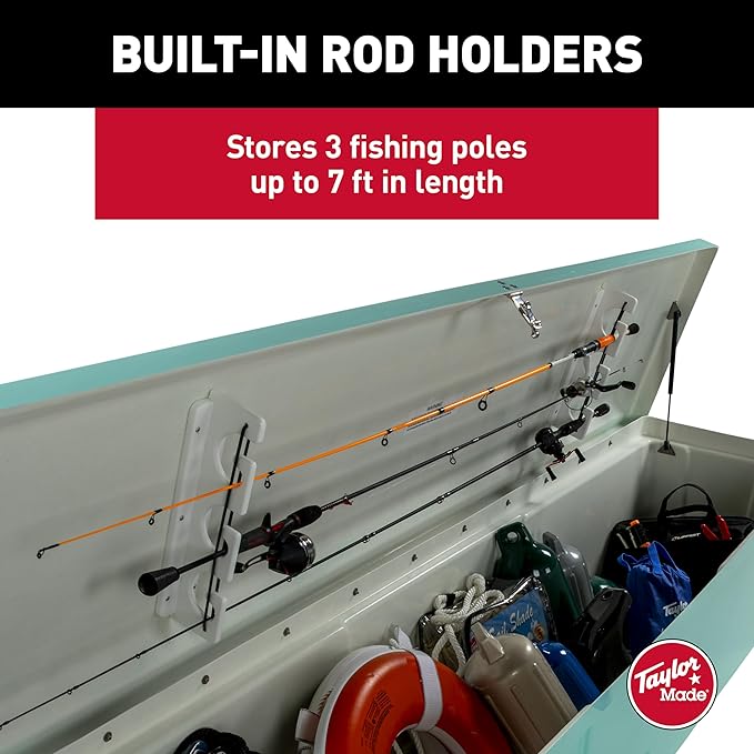 Taylor Made Stow N’ Go Fisherman’s Fiberglass Dock Box, Extra Large (24" H X 95" W X 22" D), Seafoam Green, Smooth Interior Finish, Lockable Latch, Stainless-Steel Hardware - 83560SF