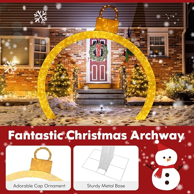 Tangkula 10.5 FT Outdoor Christmas Lighted Archway with Gold Ornament Cap, 300 Warm White LED Lights, Zip Ties & Stakes, Holiday Xmas Yard Decorations