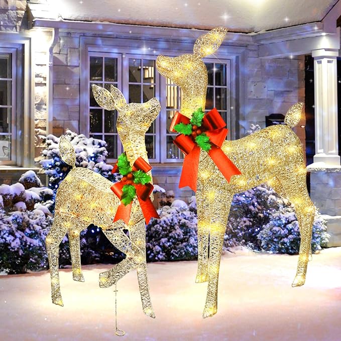 38in Christmas Deer Set Decoration for Outdoor Yard 2pc Deers, Lighted up Reindeer Outdoor Decor Champagne Gold Christmas Doe Fawn with Bow, for Christmas Tree Porch Holiday Display