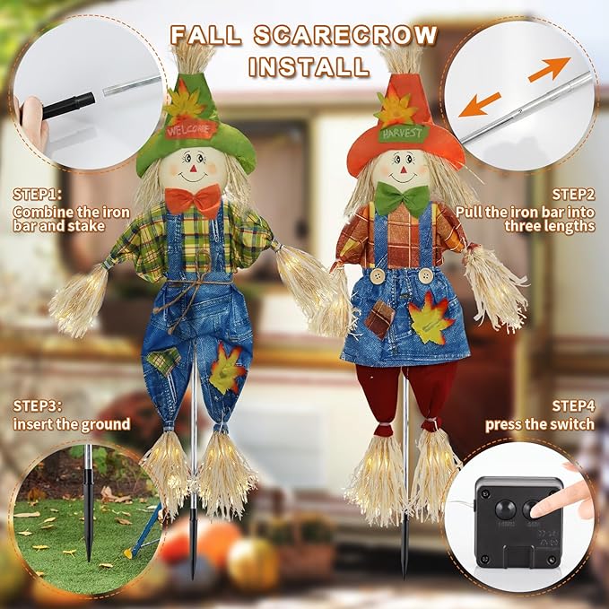Fall Decorations Outdoor Scarecrow with Firework Lamp, Solar Powered Autumn Harvest Thanksgiving Halloween Decor for Yard,Garden,Porch, Farmhouse - 39 Inch