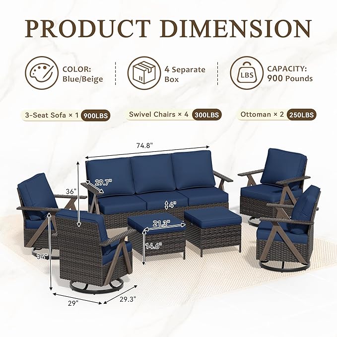 7 Pieces Patio Furniture Set,Outdoor Sofa & High Back Swivel Rocker Patio Chairs, Wicker Conversation Set with Ottoman for Deck Yard and Poolside