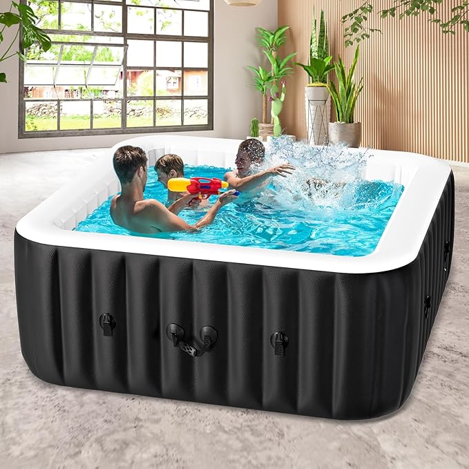 60" X 60" X 25" Hot Tub, 2-4 Person Inflatable Hot Tub, Square Blow Up Portable Bathtub Outdoor Spa with 120 Bubble Jets and Heater Pump, Filter