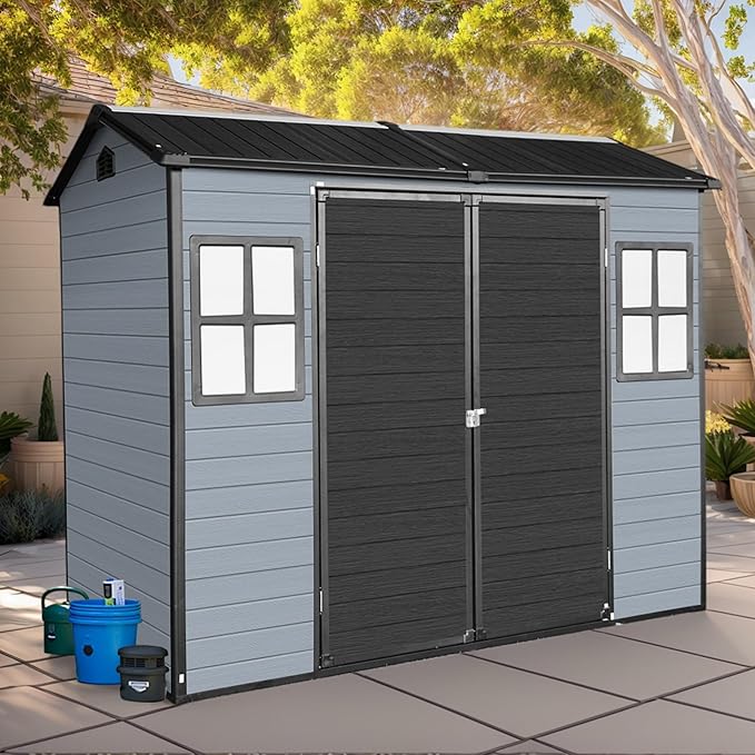 LANTRO JS 8x4FT Plastic Storage Shed with Floor, Storage Shed with Floor Included, 2 Windows and Lockable Door Sheds for Garden Tools, Bike