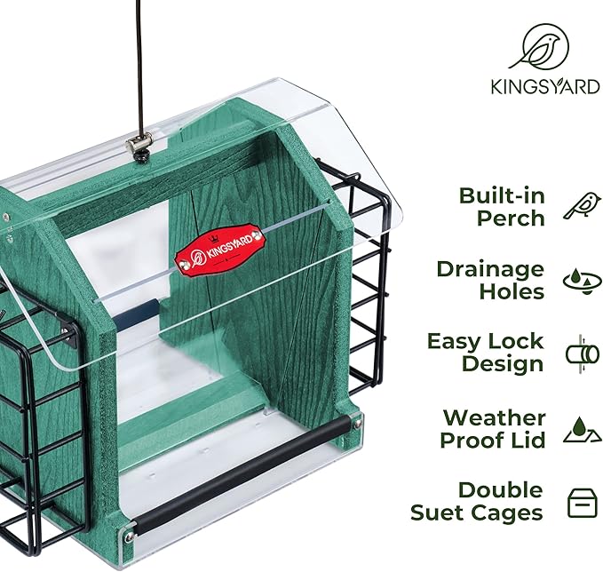 Kingsyard Hopper Bird Feeder for Outdoors Hanging, Recycled Plastic Double Suet Feeder with Clear View Windows, 3 LBS Seed, Cardinal Woodpecker Bluebird Feeder, Green