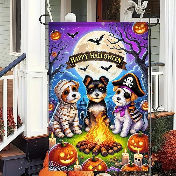 Happy Halloween Garden Flag Double Sided 12x18 Flag With Cute Dogs In Piratedogs Mummy Pirate Campfire Jack-O'-Lanterns Full Moon Garden Flag Outdoor Home Decor Lawn Event Party Supplies