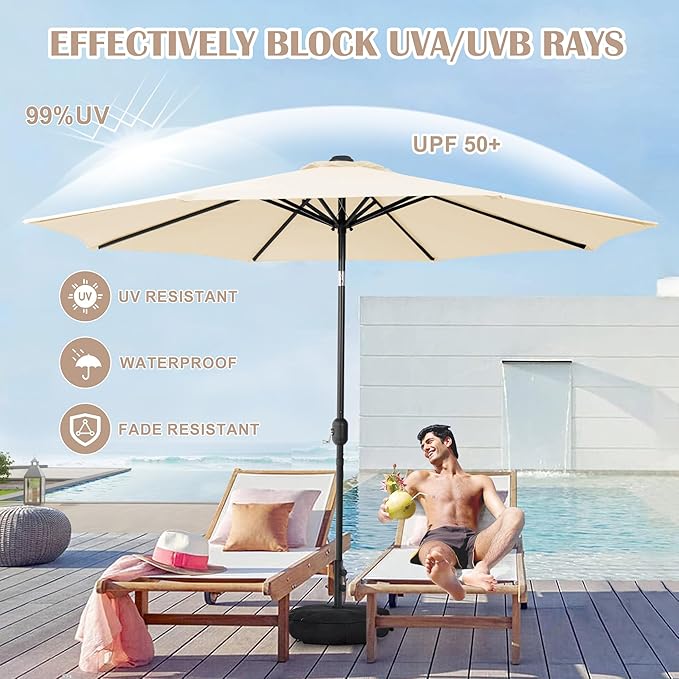 Sundale Outdoor 10 ft Patio Umbrella with Sand Bag Umbrella Base Included, Outdoor Umbrella with Tilt and Crank, Beige