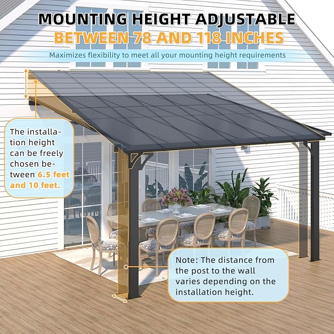 AECOJOY 10' x 12' Adjustable Height Outdoor Lean to Gazebo Pergola for Patio, Large Wall-Mounted 8.1-9.8 Ft Hard Top Metal Heavy Duty Metal Awnings Shelter Pergolas and Gazebos Clearance with Roof