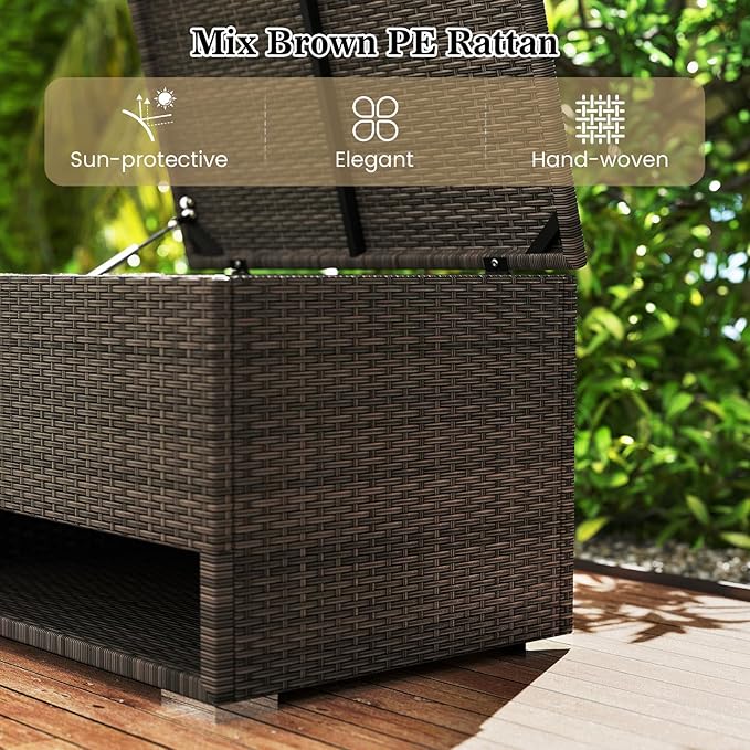 Tangkula 48 Gallon Rattan Outdoor Storage Box with Shoe Rack, Outdoor Storage Bin with Protective Liner, PE Wicker Deck Box for Patio Cushion Furniture, Pool Supplies and Garden Tools (48 Gallon)