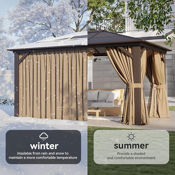 Aoxun 10' x 12' Gazebo Single Polycarbonate Top, Outdoor Aluminum Frame Permanent Gazebo with Curtains and Netting, for Patio, Party, Backyard, Garden and Lawn