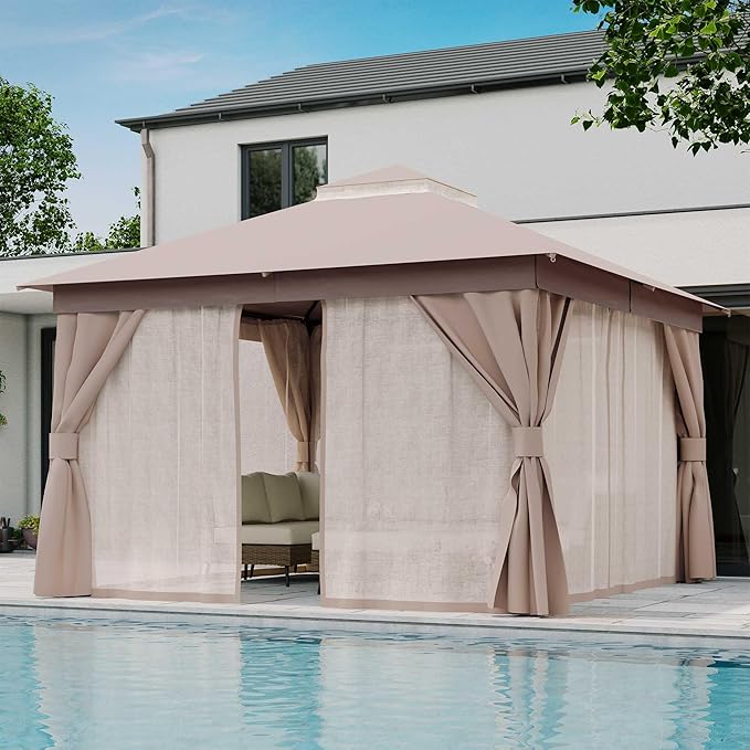 LAUSAINT HOME Outdoor Patio Gazebo 12'x12' with Expansion Bolts, Heavy Duty Party Tent & Shelter with Double Roofs, Mosquito Nettings and Privacy Screens for Backyard, Garden, Lawn, Champagne Khaki