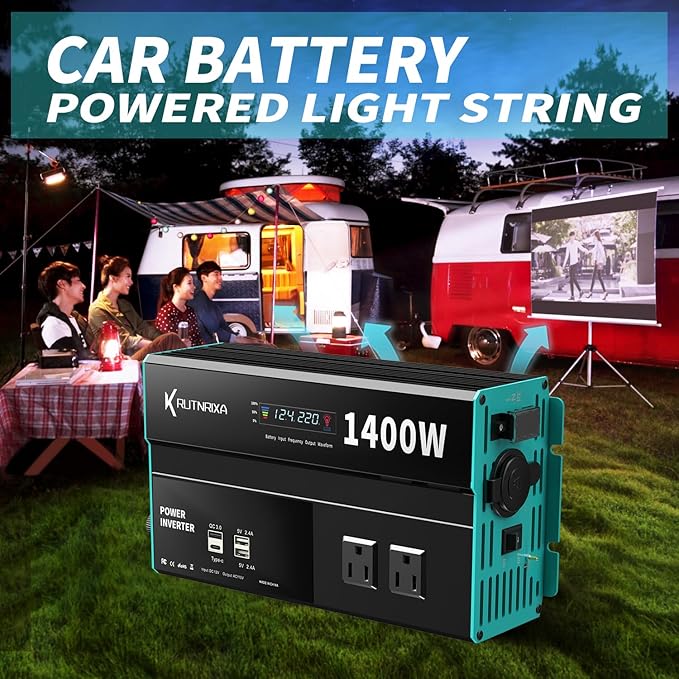 Power Inverters 12V DC to 110V AC Converter for Vehicles USB-C/PD 25W Fast Charging Ports Car Charger Adapter with a Cigarette Lighter Ports Plug Outlet (Modified sine wave-1400W)
