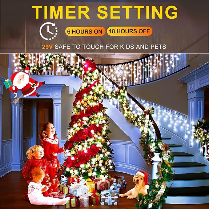 KNONEW Christmas Lights Outdoor Decorations 400 LED 33ft 8 Modes Curtain Fairy String Light with 75 Drops, Clear Wire LED String Light Decor for Wedding Party Holiday Christmas Decorations Cool White