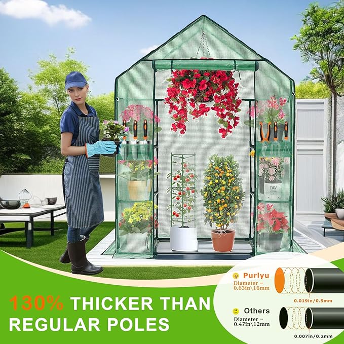 Walk-in Greenhouse 3 Tiers 6 Shelves Roll-Up Zipper Door -28x56x76 inch PE Greenhouse Cover for Outdoor Plant Gardening Plants Cold Frost Protection Wind Rain Proof(PLGHW001G-N)
