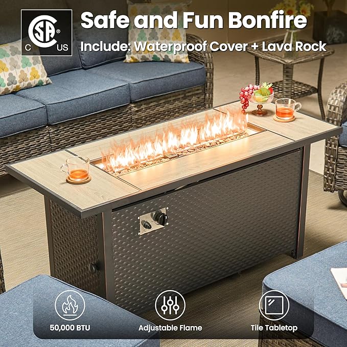 ovios 7 Pieces Patio Furniture Set, Outdoor Wicker Sofa Couch with Swivel Chairs 54" Fire Pit Table, High Back All Weather Modern Conversation Sets, Grey Rattan, Denim Blue