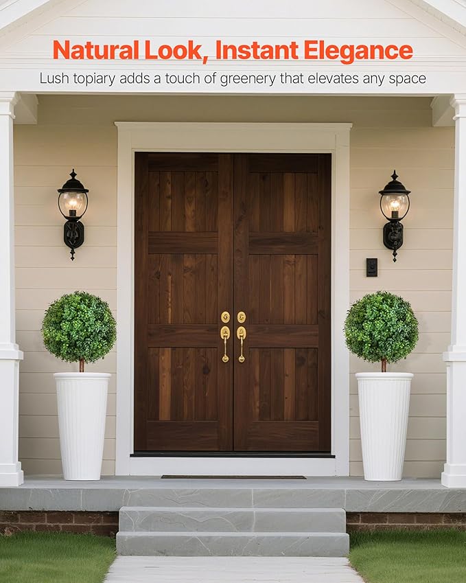 VEVOR Artificial Topiary Boxwood Trees with Ground Spike, 27 inch 2 Set Faux Shrubs & Bushes Potted Plants, Fake Silk Tree Look Real for Decor Front Porch Outdoor Indoor Patio Garden Balcony Backyard