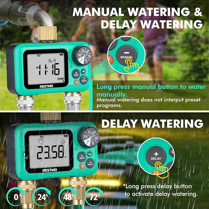 RESTMO Sprinkler Timer with Brass Inlet & Outlet, 2 Zone Programmable Water Timer for Garden Hose, 3 Separate Programs Hose Timer, Manual/Rain Delay/Automatic Watering for Drip Irrigation and Lawn