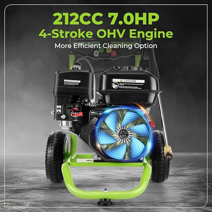 Professional 4200PSI 4GPM 212CC Gas Pressure Washer, 7.0 HP Commercial Gas Power Washer with 1L Foam Bottle 9" Wheels 5 Nozzles 25FT Hose for Home Car Fence Driveway (EPA/CARB/ETL Compliant), Green