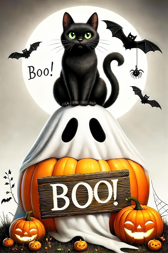 Halloween Garden Flag 12x18 inch Double Sided Boo Black Cat Flags Pumpkin Banner Spooky Bat Moon Small Yard Flag for Fall Outdoor Halloween Party Decoration