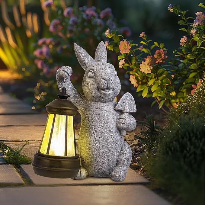 Rabbit Statue Garden Ornaments Art Outdoor Decoration with Solar Powered LED Lights Decor for Patio,Balcony,Yard, Mum Birthday Gifts, Garden Gifts for Women