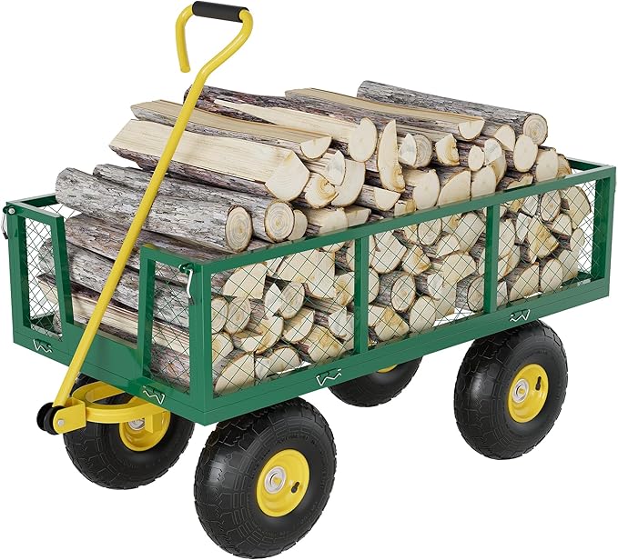 500 Lbs Garden Wagon, 2-in-1 Heavy-Duty Steel Garden Cart, with 10 Inch All-Terrain Tires and Removable Mesh Side Panels, 180° Rotating Handle, Metal Utility Yard Trailer, Outdoor Gardens Wagon Cart