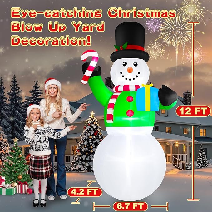 Danxilu 12ft Tall Christmas Inflatables Snowman Decorations Outdoor Giant Blow Up Candy Cane Yard Decor Large Merry Xmas Blowups Snow Man with Led Lighted for Front Outside Lawn Holiday Vacation Party
