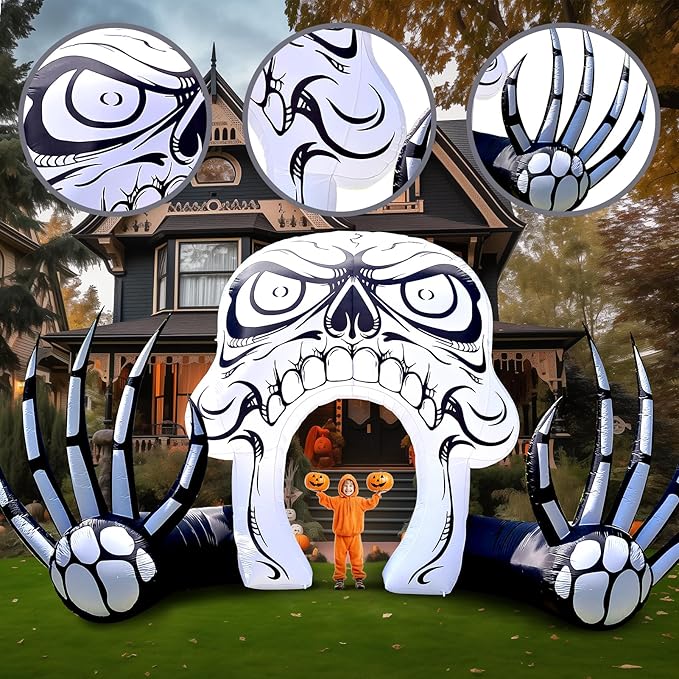 WBHome 12 Ft Halloween Inflatable Skeleton Skull Door Decorations, Day of The Dead Blow Up Yard Decor with Built-in LED Light (Plug in) for Lawn Home Dia de Los Muertos Party Indoor Outdoor