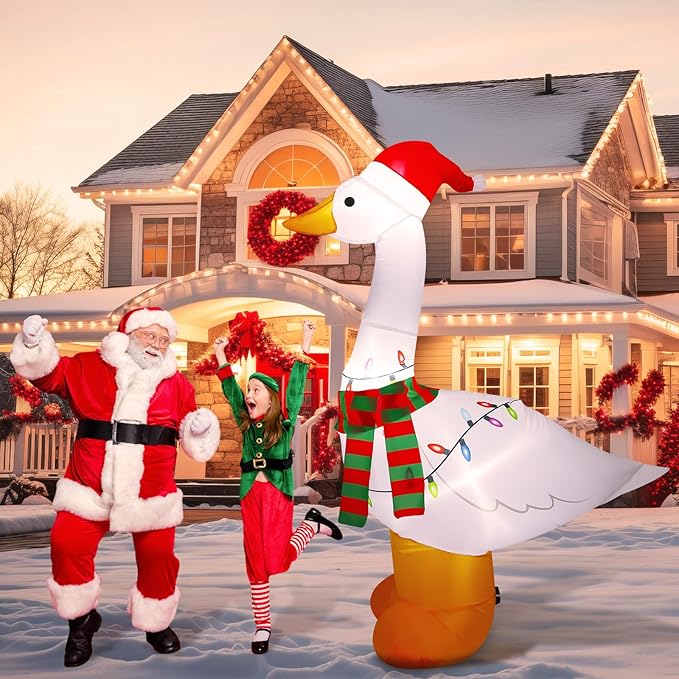 6Ft Christmas Goose Inflatable with Built in LED Lights Goose Xmas Blow-Up Lawn Decoration for Winter Home Garden Yard Holiday Party Indoor Outdoor Decor