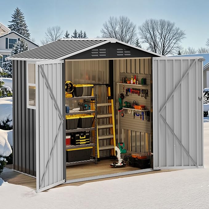 DWVO 6x4ft Metal Outdoor Storage Shed with Window, Lockable Tool Storage Sheds, Steel Garden Sheds with Sloped Roof for Backyard, Patio, Garage, Lawn, Gray + White