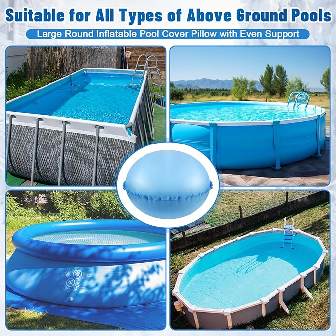 Pool Pillows for Closing Winter, 5 Feet Thick PVC Inflatable Round Air Pillow for Above Ground Pool, Ultra Cold Resistant Swimming Pool Cover Pillow Kit with Ropes, Light Blue