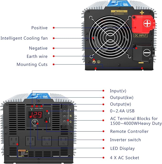 GIANDEL 4000W Pure Sine Wave Power Inverter ETL UL 458 STD Listed converts DC12V to AC120V with 40amps Hardwire Terminal Block 4 AC Outlets and 30ft Wired Remote Control