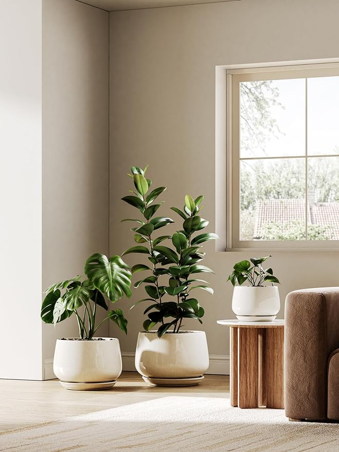 LE TAUCI Ceramic Planters, 10 Inch Pots for Plants, Indoor Plant Pots with Drainage Holes and Saucers, Modern Planters Fit Mid Century Plant Stand, Flower Pots for Indoor Plants, Reactive Glaze Beige