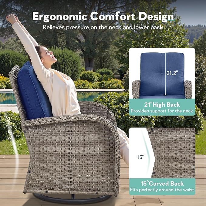 6 Piece Patio Furniture Set - Wicker Patio Conversation Set with Swivel Glider, Glider Loveseat, Tempered Glass Side Table and 2 Ottomans for Deck Backyard - Grey Wicker Blue Cushion