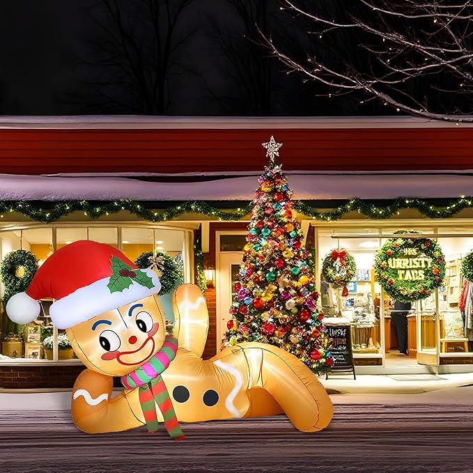 10 FT Christmas Inflatable Outdoor Decoration, Lying Gingerbread Inflatable Christmas Blow up Yard Decorations with LED Lights, Gingerbread Christmas Decoration Outdoor for Yard Garden Lawn