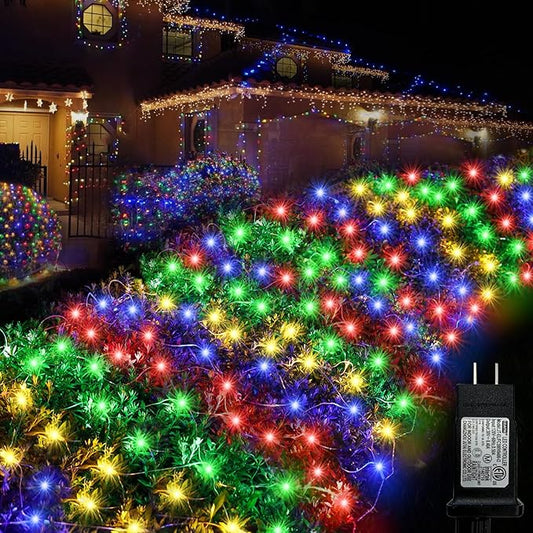 Colorful Net Lights Outdoor, 300 LED Christmas Net Mesh Lights for Bushes 14.8x4.9ft, 8 Modes Waterproof Twinkle String Light Connectable for Halloween Hedge Yard Garden Party Decor