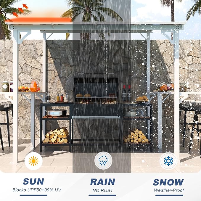 MEISSALIVVE 8' x 8' Wall Mounted Gazebo, Outdoor BBQ Grill Gazebo with Side Shelf, Lean to Metal Awnings with Sloped Roof, Heavy Duty Pergola for Backyard, Deck, White