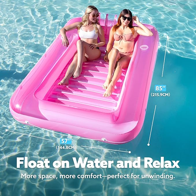SLOOSH Inflatable Tanning Pool Lounger Float, 85" x 57" Extra Large Pool Floats Adult with Pillow, 4 in 1 Suntan Tub Raft Floatie,Sunbathing Bed Lounge for Water Blow Up Ball Pit Party Gifts, XL-Pink