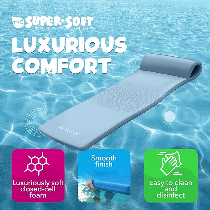 TRC Recreation Sunsation Vinyl Coated Foam Swimming Pool Float Mat Adult Lounger with Built-in Roll Pillow
