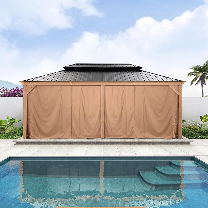PURPLE LEAF 12' X 20' Outdoor Hardtop Gazebo for Patio Galvanized Steel Double Roof Permanent Canopy Teak Finish Coated Aluminum Frame Pavilion Gazebo with Netting and Khaki Curtains