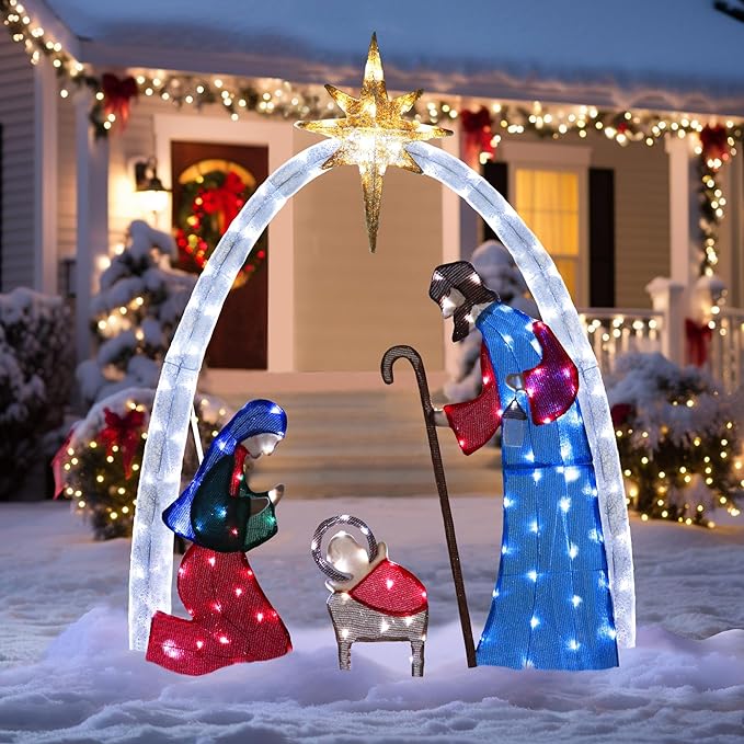 MUPATER 5ft Lighted Outdoor Christmas Decoration Nativity Scene, Lighted Christmas Yard Decor Nativity Set for Lawn and Home Holiday Party with Lights, Ground Stakes and Zip Ties, Multicolor