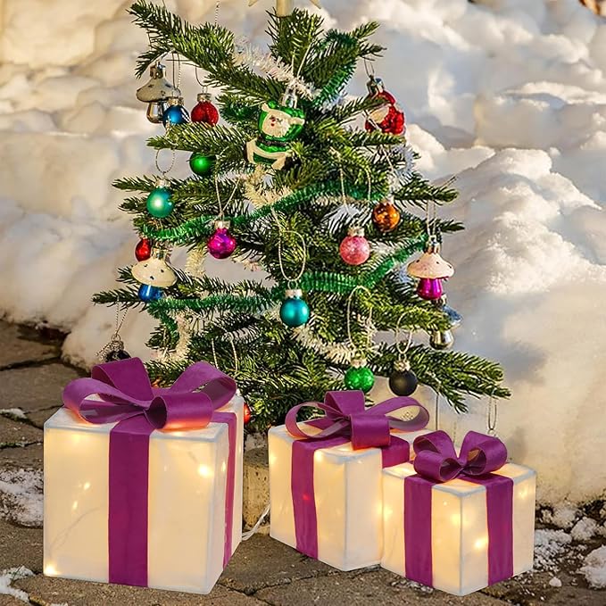 Set of 3 Lighted Gift Boxes, Plug-in 60 LED Light Up Pink Present Boxes for Christmas Decorations Indoor Home Wedding Holiday Birthday Party Porch (Pink Bow)