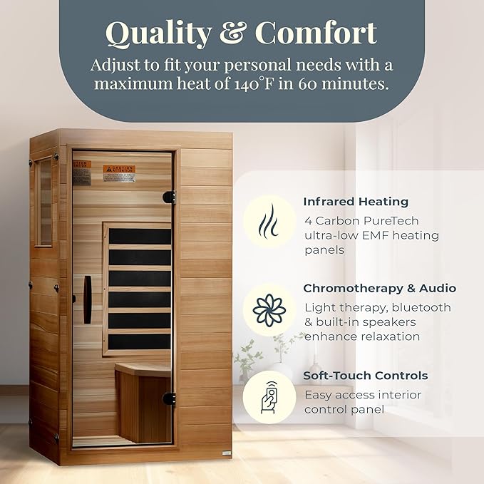 DYNAMIC SAUNAS Elite 1 Person Compact Ultra Low EMF FAR Infrared Sauna with Red Light Therapy & Bluetooth Speakers - Personal Indoor for Home & Gym