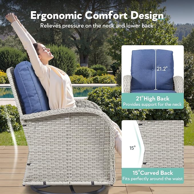 2 in 1 Porch Glider Swivel Chair - Wicker Patio Furniture Outdoor Swivel Rocker Chair with Thick Cushion, 300 Lb Weight Capacity Patio Swivel Glider Seating - Light Beige Wicker Blue Cushion