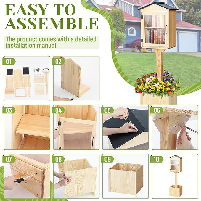 Wooden Library Box Outdoor Library, Double Outdoor Box Storage with Floor Plugs and Small Flower Fence for DIY, Community, Literature, School(Natural Wood,Steepletop)