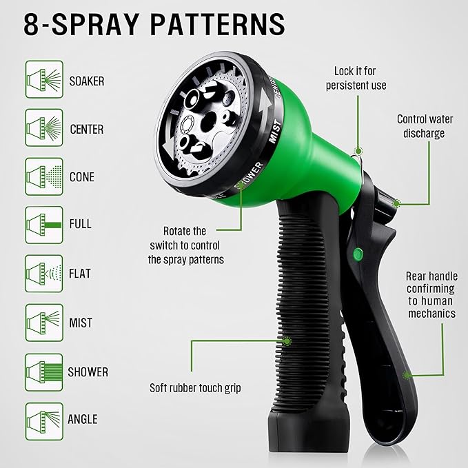 HBlife Garden Hose 100ft, Non Expandable Water Hose with 8 Watering Spray Nozzle, Flexible Lightweight Hose for Yard, Lawn, Car Wash and Outdoor
