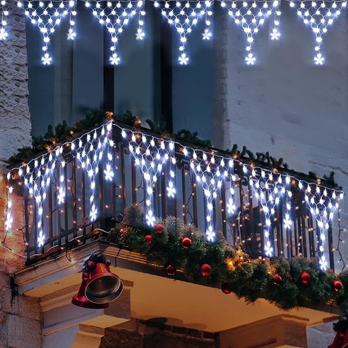 Christmas Lights Outdoor Decorations 218 LED 13.8ft Curtain Fairy Lights with 12 Drops, Clear Wire LED String Light Decor with 8 Modes for Wedding Party Holiday Christmas Indoor Outdoor Decor