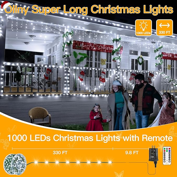 Ollny Christmas Lights 1000 LED 330 FT, IP67 Waterproof Plug in Christmas Tree Lights with Remote, 8 Modes, 3 Timers, Dimmable, House Xmas Indoor Decorations Outdoor String Lights (Cool White)