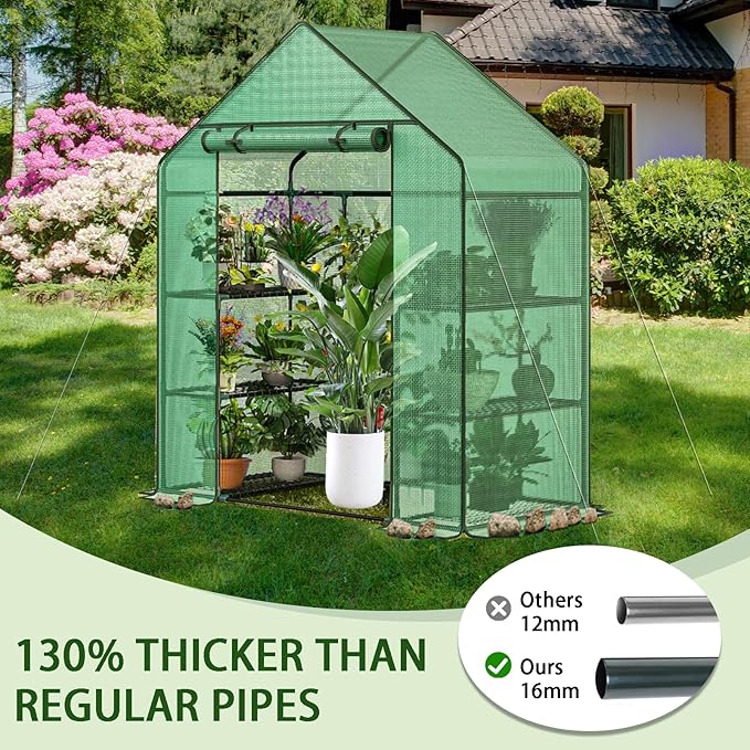 Greenhouse, 56 x 28 x 76'' Heavy Duty Greenhouses for Outdoors, Green House with Roll-Up Door Thicken PE Cover, Portable Walk-in Green Houses for Outside with 3 Tier 4 Shelves
