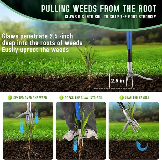 50” Weed Puller Tool for Crabgrass, Dandelion etc,Stand Up Weeder with Easy-Eject Mechanism, Steel Handle, Steel Claw,Garden Weed Remover Tool Without Bending, Pulling,Kneeling.