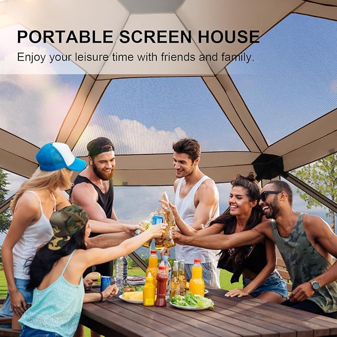 COBlZl Pop Up Gazebo 12x12 Screen House Tent for Camping, Outdoor Instant Stargazing Gazebo Canopy with Awning 2.0, Portable Hub Tent with Mosquito Netting, Pavilion for Backyard,Khaki