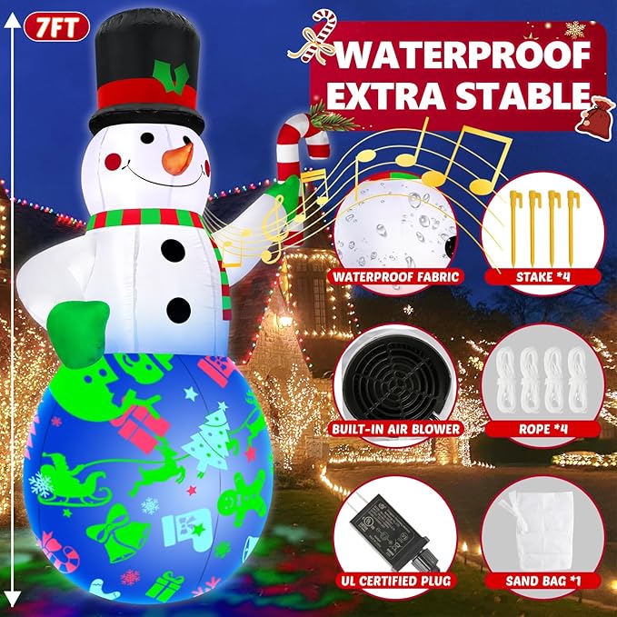 7Ft Christmas Inflatables Snowman Built-in Music Box & Rotating Colorful LED Lights, Christmas Inflatable Decoration Outdoor Blow Up Yard Decoration Snow Man for Holiday Party Xmas New Year